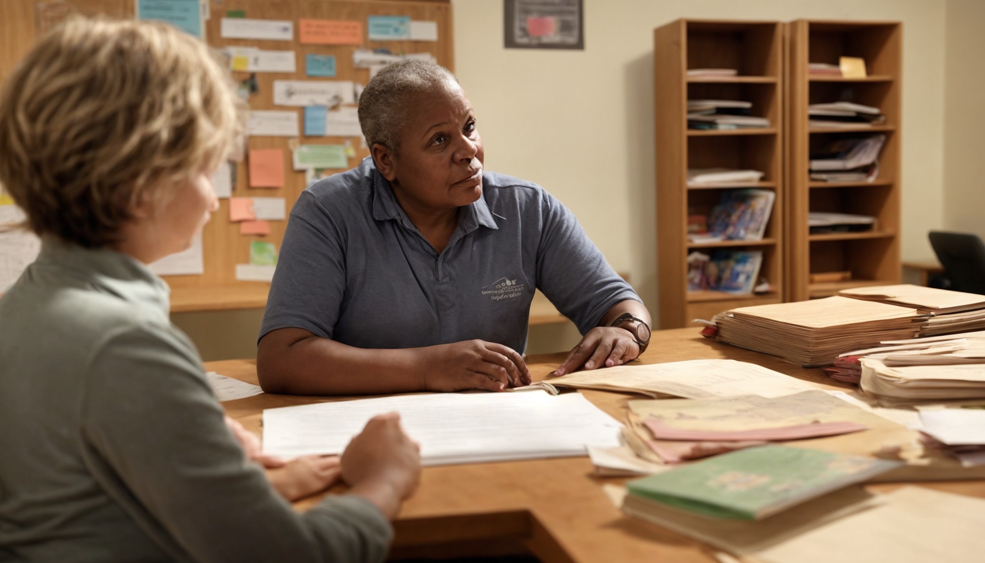 Community worker interacting with educational materials behind a large desk in a busy community center