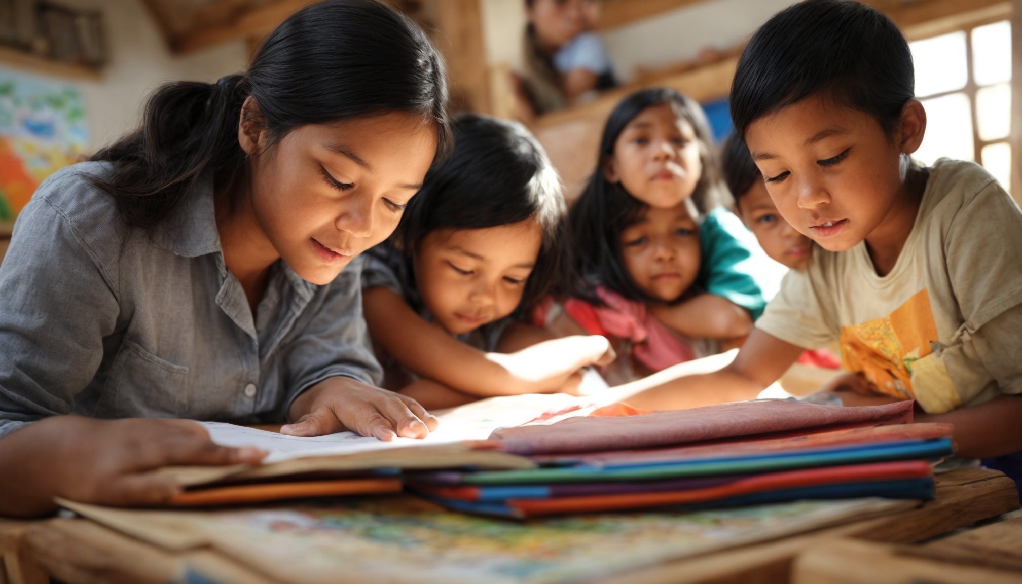 Community worker guiding children through an educational activity in a family empowerment program