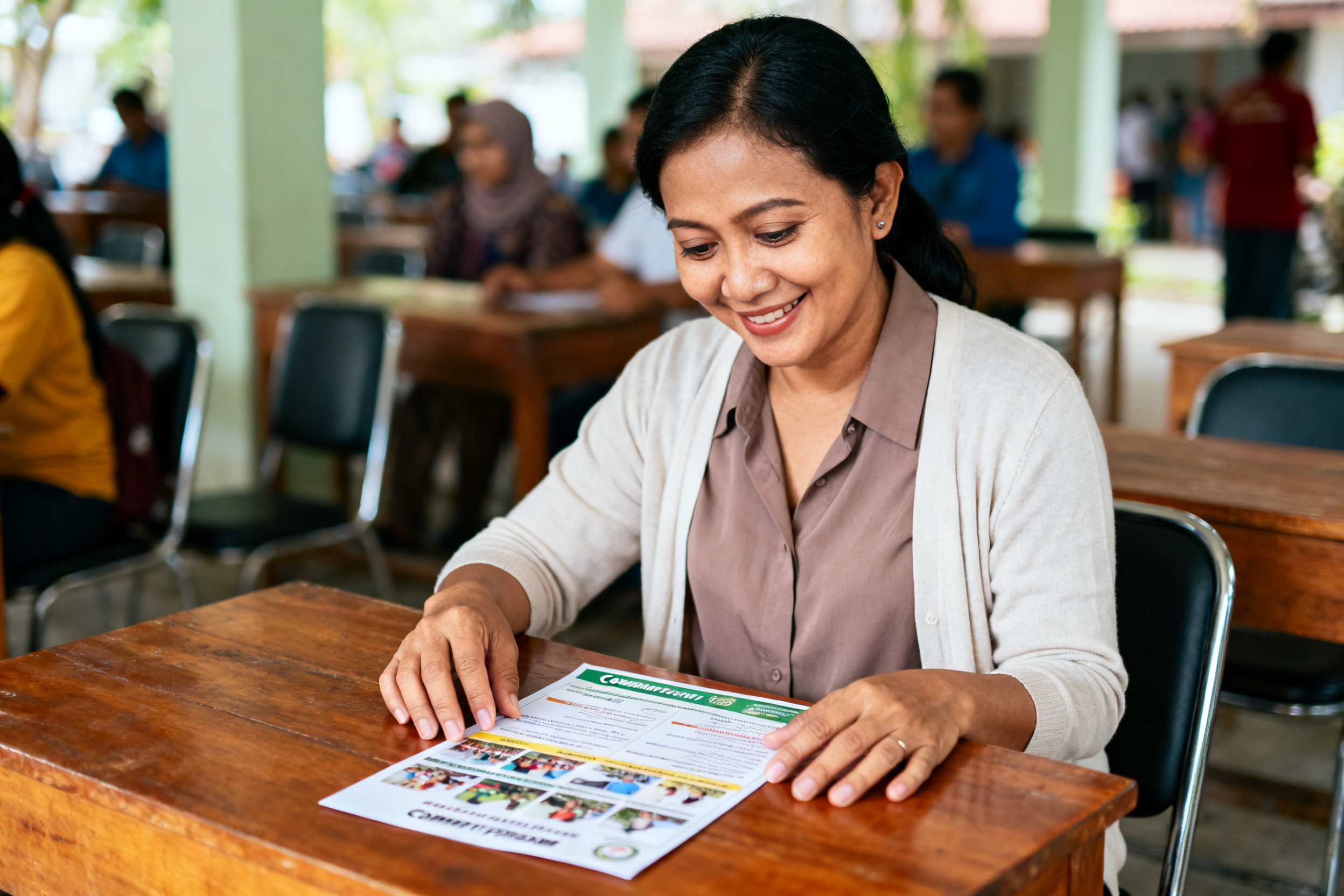 Community empowerment children families program flyer examined by Indonesian volunteer